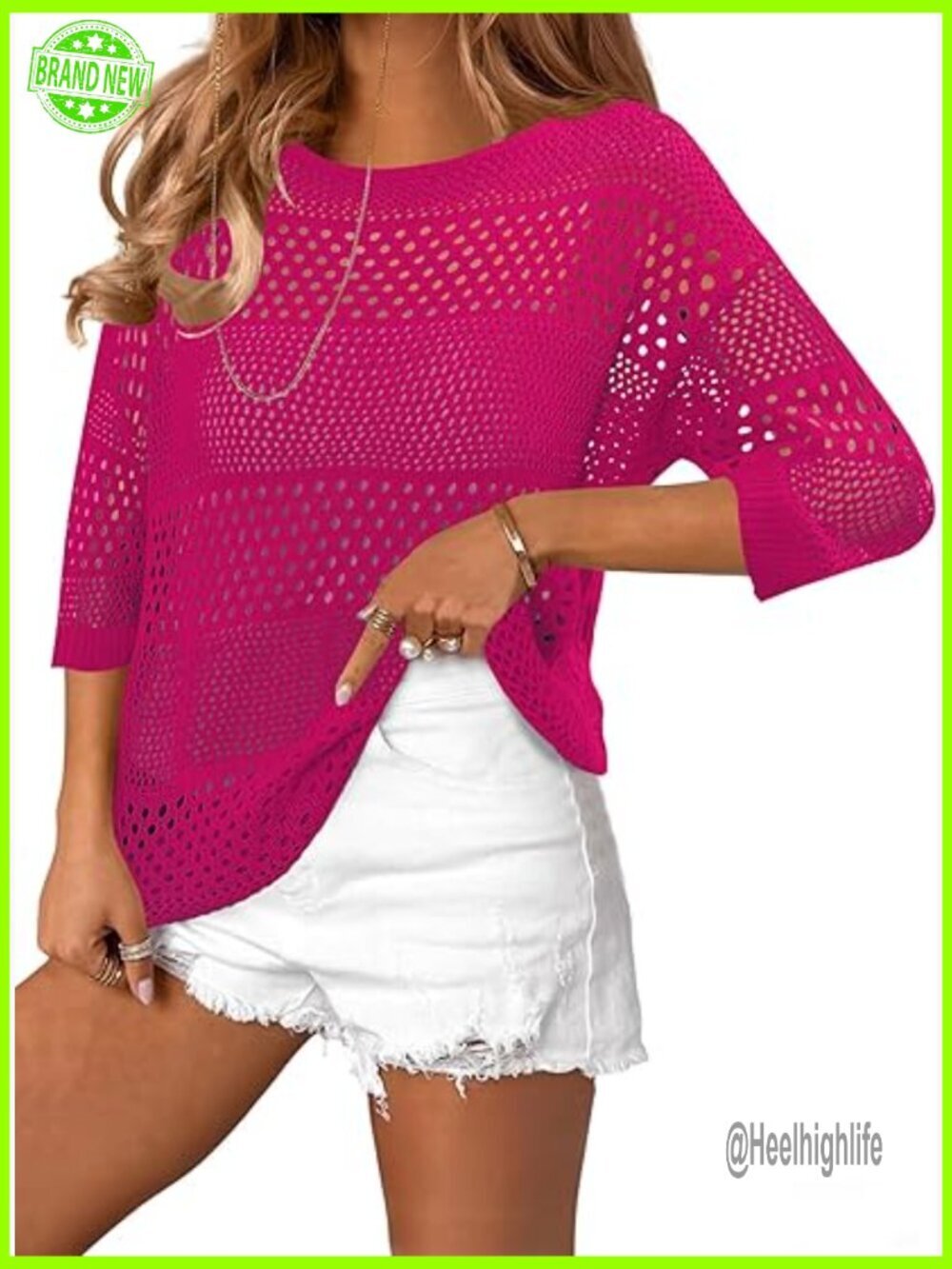 Crochet Hollow Out Cover Up, 3/4 Sleeve, Lightweight Acrylic, Beach Swim